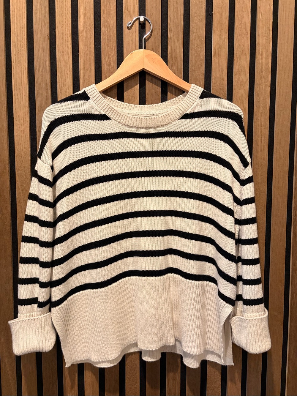 GAP Cream and Black Striped Crewneck Sweater